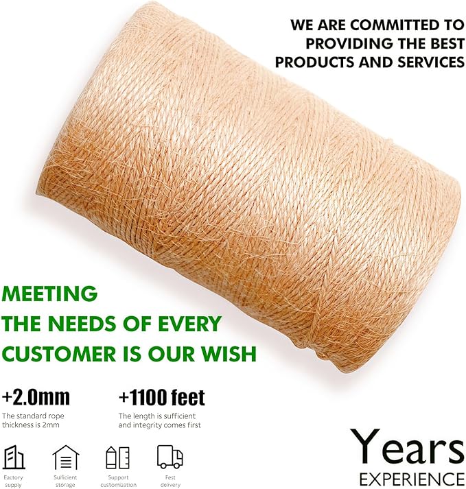 2MM Natural Jute Twine String — 1100Ft Brown Durable Jute Rope, Used for Hand Crochet, Climbing Plant, Gardening Flowers, Home Decorations, Art Crafts Gift Packaging, Weddings, Christmas