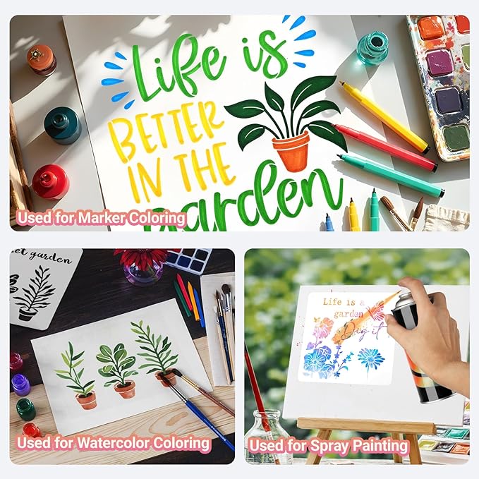 16 PCS Garden Theme Stencils for Painting, Stencils for Crafts Reusable 8 x 8 Inch Quote Floral Templates for Wood Signs Sheds Planters and Patio Decor