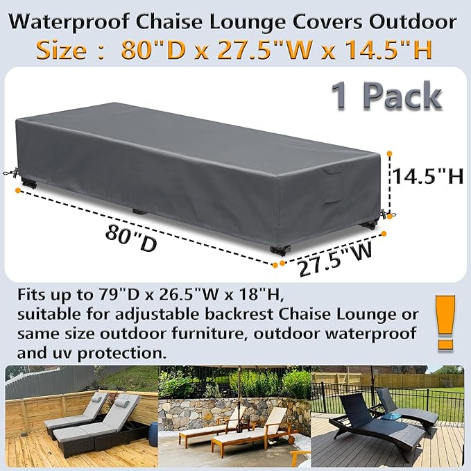 Waterproof Patio Lounge Chair Cover 1 Pack Outdoor Chaise Lounge Covers 600D Weather Resistant Material, UV Protection, Windproof Design Outside Furniture Covers 80" x 28" x 14" H,Grey