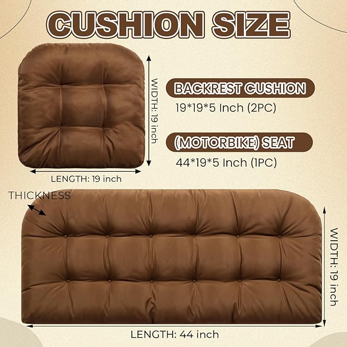 Barydat 3 Pack Wicker Furniture Cushions Waterproof Outdoor/Indoor Tufted Wicker Chair Cushions 1 Loveseat and 2 U-Shape Rattan Chairs for Patio Furniture, Rattan Love Seat, Bench(Brown)