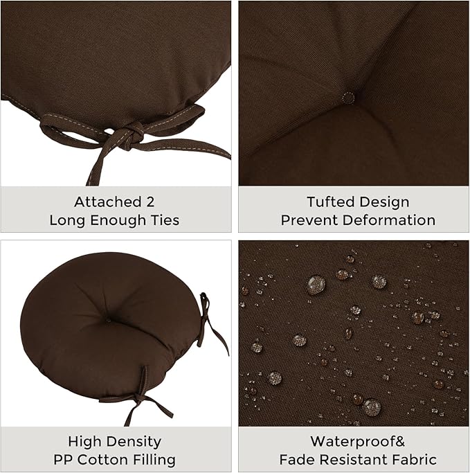 Bistro Chair Cushions 15 inch,Set of 2,Tufted Round Chair Cushions with Ties,15"x15"x4",Water Resistant Round Seat Cushion for Barstool Chairs,Patio Garden Outdoor Furniture(Chocolate Brown)