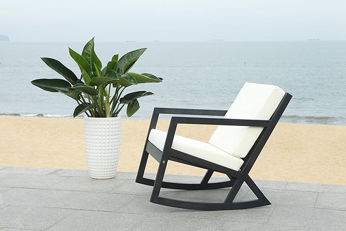 Safavieh PAT7013F Outdoor Collection Vernon White Rocking Chair, Black/Beige