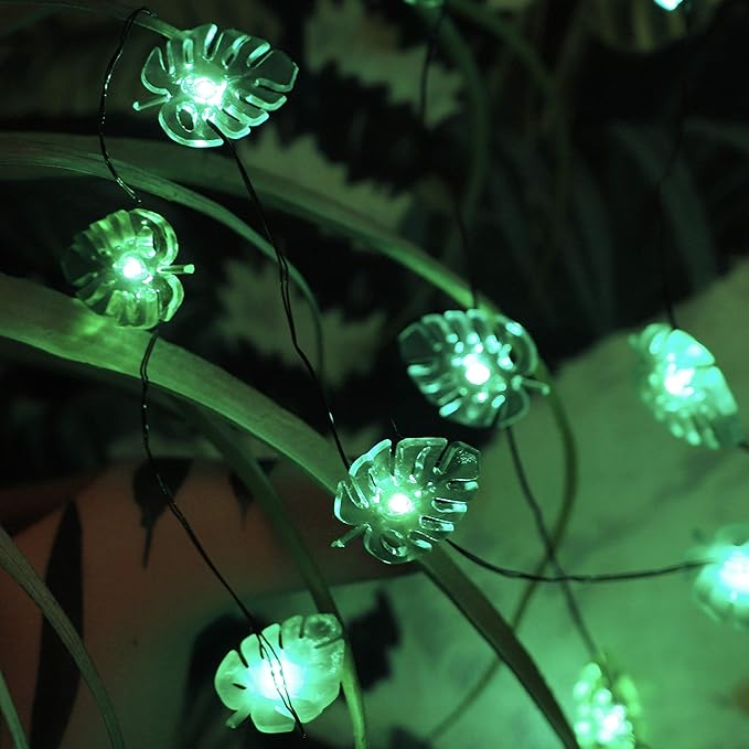 Summer Tropical Leaf Lights for Bedroom Battery - Operated Fairy Lights with Remote - Tropical Monstera Green Decor Acrylic Monstera Leaf Decor for Summer Party Home