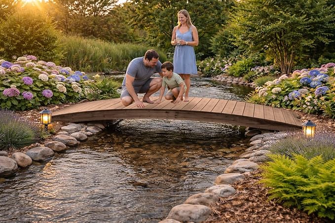 12 FT WALNUT Amish Made Pinewood Heavy Duty Garden Bridge for Walkway, Backyard Pond & Landscaping, Outdoor Wooden Footbridge for Koi Pond, Japanese Style Decorative Bridge, Made in USA