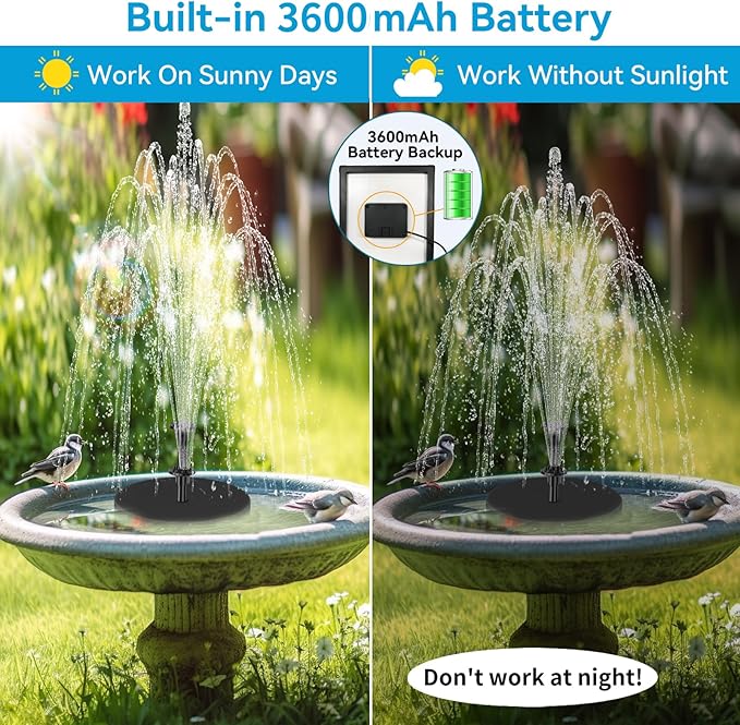 POPOSOAP 8W Solar Water Pump Built-in 3600mAh Battery Backup, Solar Bird Bath Pump with 9.8Ft Cable, 8 Nozzles & PVC Tubing, Solar Fountain for Bird Bath Garden Fish Tank Pond Water Feature P108D