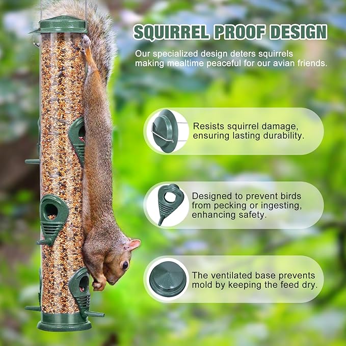 ERYTLLY Metal Bird Feeders 6 Port Tube Bird Feeder for Wild Birds, 1.4mm Extra Thick Solid Tube Transparent with Steel Hanger Bird Feeders Squirrel Proof for Outside