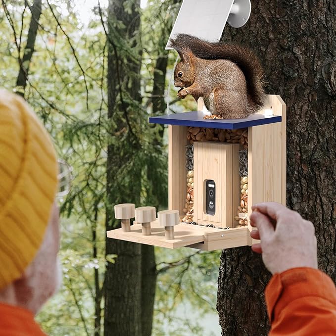 Wooden Squirrel Feeder with HD Camera, Solar-Powered Outdoor Squirrel Bar, Real-Time View, Instant Notifications, Durable & Sturdy, for Squirrel Lovers
