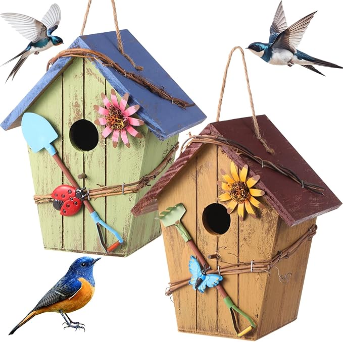 2 Pcs Decorative Birdhouse for Yard Outside Hanging Wooden Birdhouse Hand Painted Bird Box for Bird Lovers Bluebird Tree Swallow Wild Chickadee Garden Decor(Bright Color,Wooden Roof)