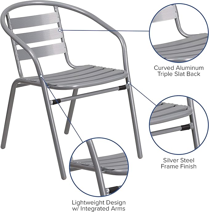 Flash Furniture TLH-0731SQ-017CSV2-GG Lila 23.5'' Square Glass Table with 2 Metal Aluminum Slat Stack Chairs, Silver