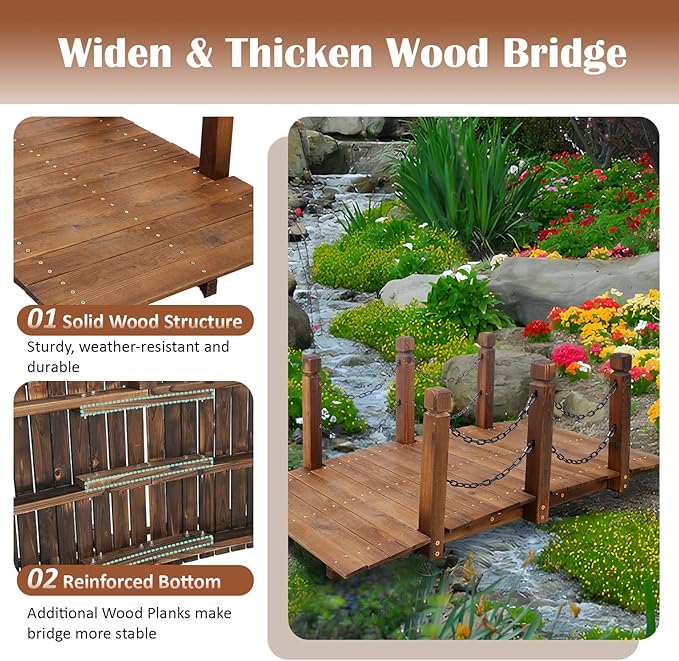 5 FT & 3.3 FT Wooden Garden Bridge, Stained Wood Arc Footbridge with Chain or Half-Wheel Railings for Backyard Pond, Creek, Farmhouse Landscape Decor, Easy Assembly (Brown-5 FT)