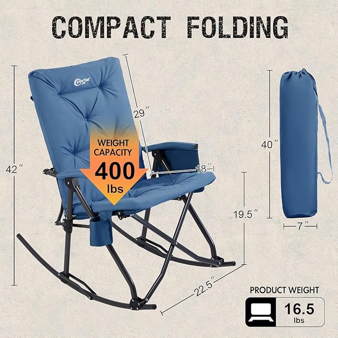 Portal Folding Rocking Camping Chair Outdoor - Thick Padded Rocking Recliner Chair Portable Camping Rocker for Patio Front Porch Backyard Lawn Living Room, Supports 400 LBS