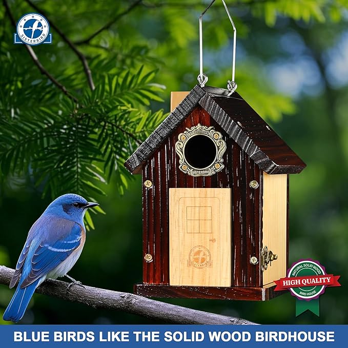 Pack of 2 Premium Bluebird Houses for Outside, All Seaons Bird Houses for Outside, Wooden Cabin Birdhouses for Outdoors, Weatherproof Courtyard Decorated Hanging Bird House
