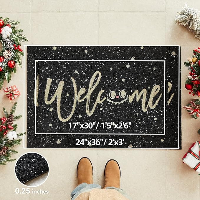 Welcome Mat Front Door Mat Indoor Outside Entrance, Absorbent Heavy Duty Doormat with Non Slip Backing Entryway Rug for Front Back Door, 17" x 30", Black