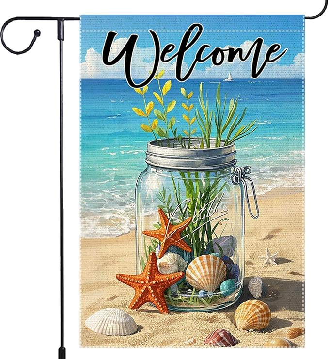 Sea Shell Starfish Mason Jar Garden Flag 12x18 inch Vertical Double Sided Coastal Burlap Outdoor Lawn Beach Welcome Summer Garden Flags Decorations