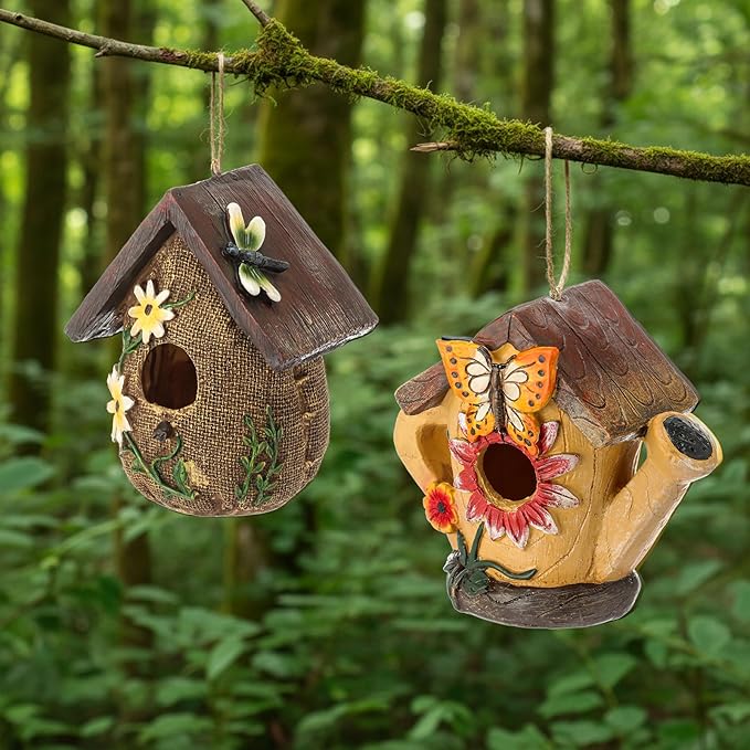 2 Pcs Decorative Birdhouse for Outdoor Hanging Bird Houses for Outside Colorful Decorative Cute Resin Birdhouses for Outside Indoors Garden Backyard Decor, Gift for Bird Lovers(Novel)
