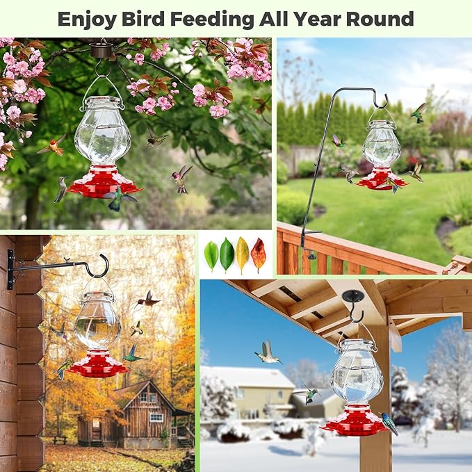 Hummingbird Feeder, BOLITE Glass Hummingbird Feeders for Outdoors Hanging, with Ant Moat and 4 Bee Guard Feeding Ports, 22oz, Leak Proof, Clear & Red, Birthday Gifts for Women Men, Gifts for Mom Dad