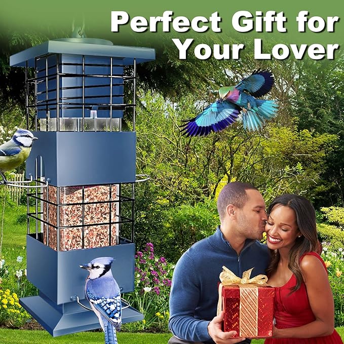 Squirrel Proof Bird Feeder,3Lbs Metal Birdfeeders Squirrel Proof with 4 Feeding Ports forOutdoors Hanging, Birdseed Feeder for Cardinal, Sparrow,Bluejay,Outside (Blue)