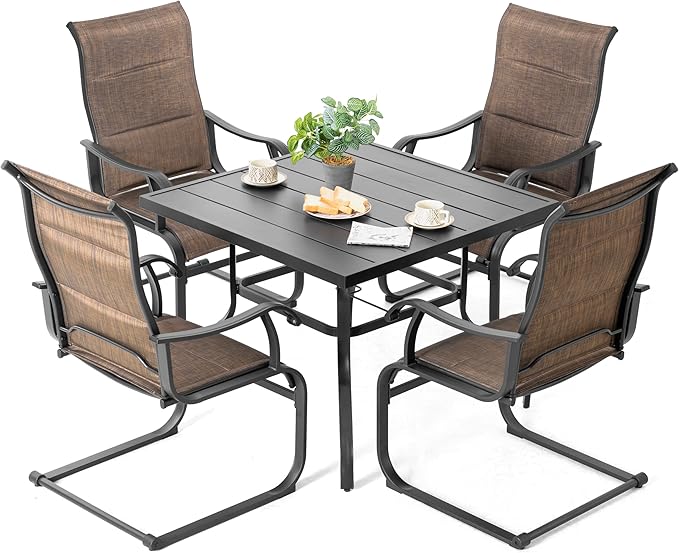 NUU GARDEN 5 Piece Outdoor Dining Set, 4 All Weather Outdoor Padded Textilene Patio Chairs and 37" Square Dining Table with 1.57" Umbrella Hole, for Backyard, Patio, Garden, Brown and Black