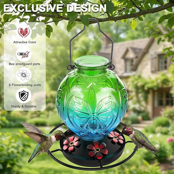 Glass Hummingbird Feeder for Outdoors Hanging, 25Oz Humming Bird Nectar Feeders with Perch & 5 Flower Feeding Ports, Leak Proof for Outside Garden Decor, Gifts for Women (Green & Blue)