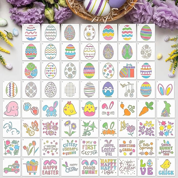 Marspark 66 Pcs Spring Easter Small Stencils for Crafts Reusable 3 Inch Stencils for Painting on Wood DIY Craft Paint Template for Wall Home Decor Card Rock Canvas Drawing Holiday (Bunny Egg)