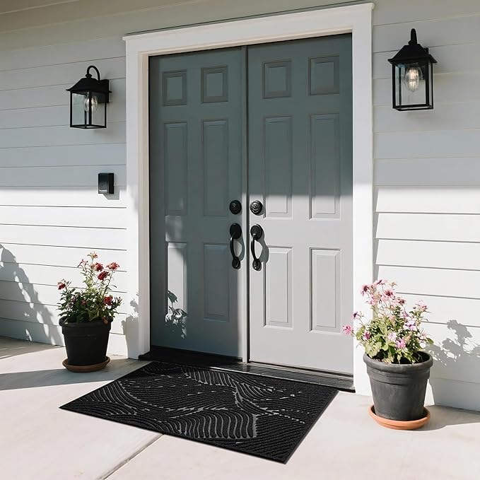 Yimobra Doormat Indoor Outdoor Entrance, Simple Stripes, All-Weather Waterproof & Non-Slip Mat for Front Door, Heavy Duty Polyester Welcome Mat for Garage, Patio-47x32，Black