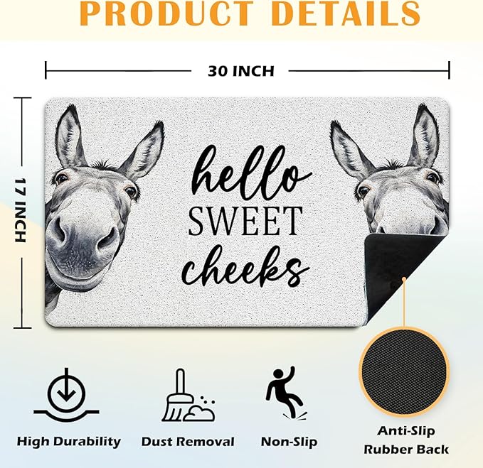 JINYO Hello Sweet Cheeks Door Mat, Funny Donkey Door Mat Indoor Outdoor Entrance Entryway Porch, Sweet Cheeks Bath Mats for Bathroom, Donkey Welcome Mats, 17x30 Inch