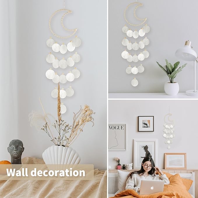 Capiz Wind Chimes for Outside, Outdoor Seashell Hanging Beach Coast Ocean Home Decorative, Translucent White Shell with Wood Beads Waterfall Windchimes for Summer Patio, Window, Porch, Memorial Gift