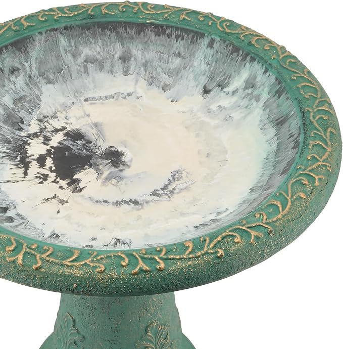 Arcadia Garden Products BB04 Fiberclay Bird Bath Outdoor Garden Decor, Antique Vintage Weather Resistant Water Bowl for Backyard and Patio and, 20-inch Tall, Green