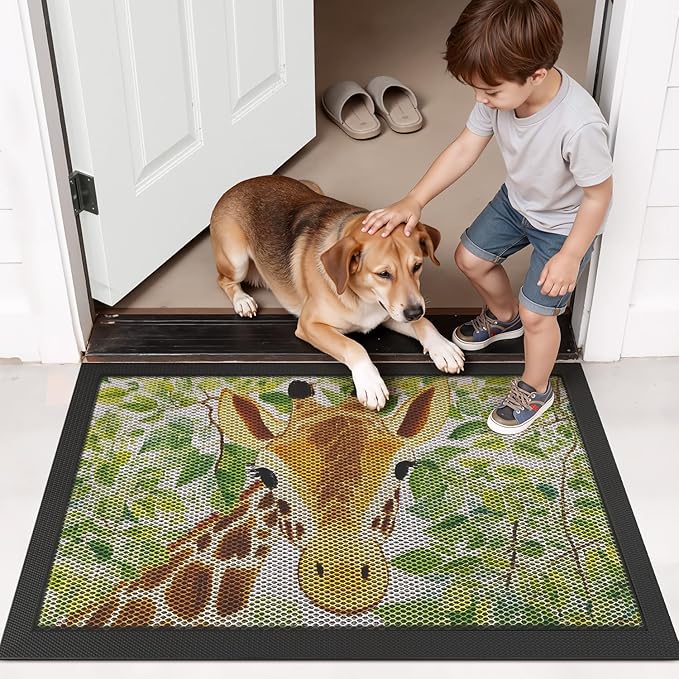 LUMI Outside Door Mat 17x30, Non Slip Rubber Backing Doormat, Low Profile Easy Clean Entrance Mats for Front Back Door Entryway Porch Garage, Giraffe