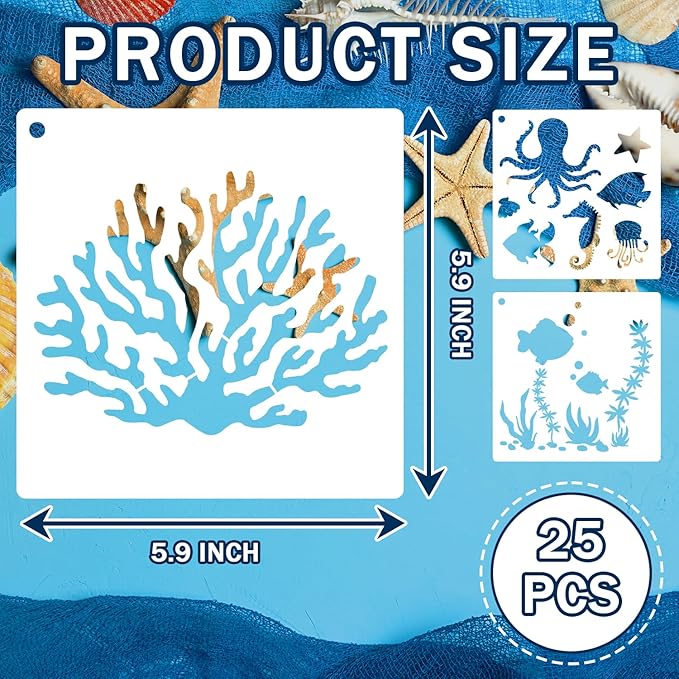 25 PCS Sea Ocean Creatures Stencils Ocean Templates for Painting Sea Animal DIY Pattern Templates Mermaid Stencils for Wall Floor Wood Scrapbooking Drawing Tracing Crafts Projects 5.9 x 5.9 Inch