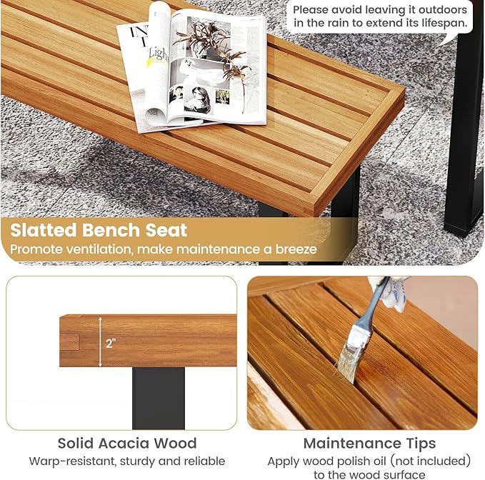 Tangkula Acacia Wood Outdoor Bench, 48" Long Patio Dining Bench w/Metal Legs, Slatted Seat, Backless Picnic Bench, Farmhouse Furniture for Garden Poolside Porch Balcony Deck Indoor (2,Natural)