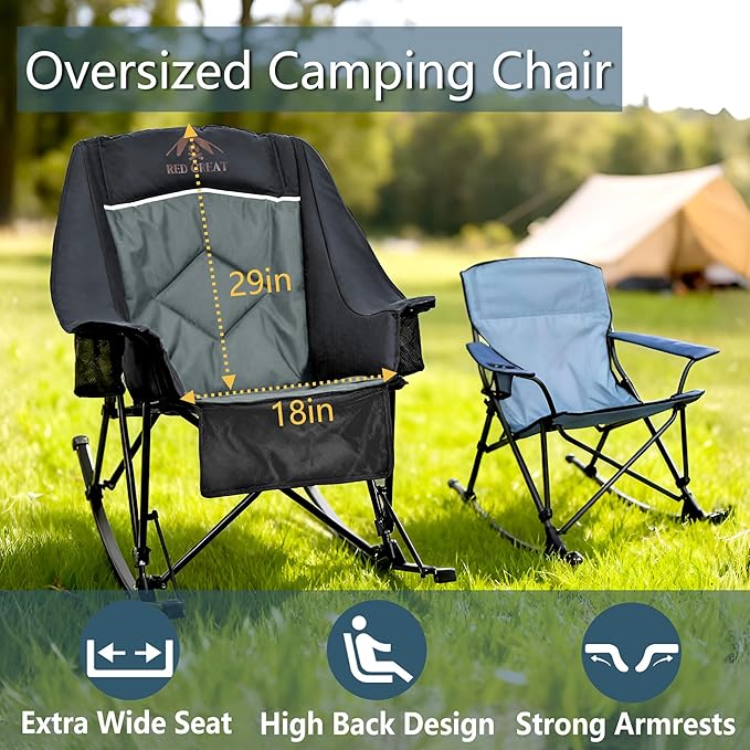 400lbs Rocking Camping Chair, Oversized Heavy Duty XL Folding Rocker for Adults, Padded High Back Big & Tall Support, with Cup Holders & Carry Bag for RV, Lawn, Patio & Sports