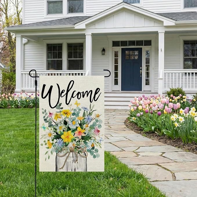 CROWNED BEAUTY Spring Floral Garden Flag Mason Jar 12x18 Inch Double Sided Small Burlap Seasonal Holiday Flag for Outside Yard Welcome CF1377-12