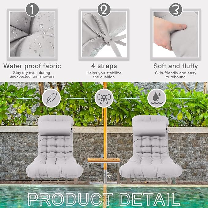 Tudomro 2 Pcs Light Gray 66'' Outdoor Chaise Lounge Cushion Waterproof Patio Lawn Pool Chaise Lounge Cushion with Headrest Pillow & Ties Weather Fade Resistant Replacement Longue Chair Pad