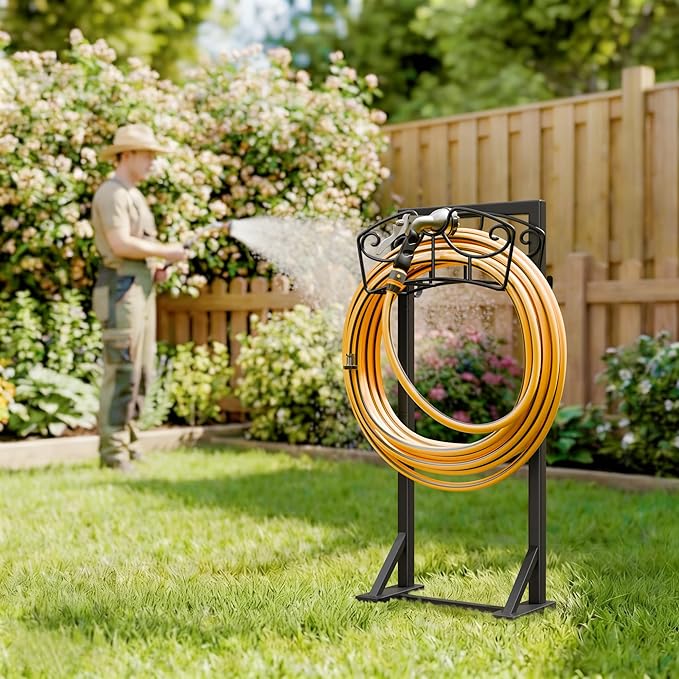 Garden Hose Holder Stand, Freestanding Metal Water Hose Storage Rack with Hooks for Outside Yard Lawn, Heavy Duty