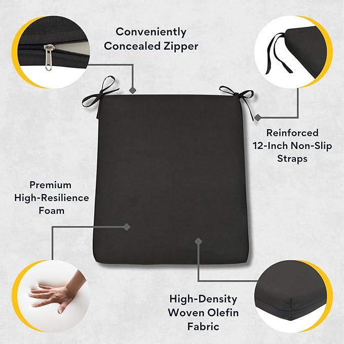 Shine Company Weather-Resistant Outdoor Rocking Chair Seat Cushions, 22"x20", Performance Fabric with Foam Core, Removable Cover with Ties, Set of 2, Black