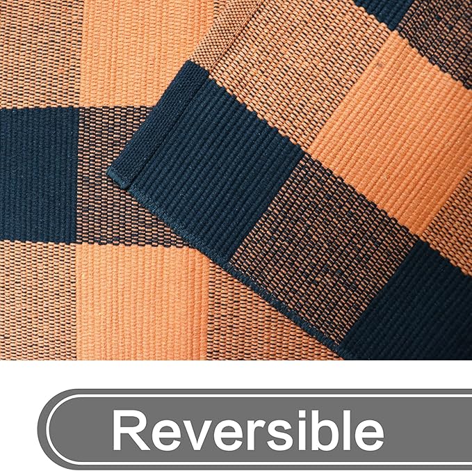 MUBIN Cotton Orange and Black Plaid Rug, 4 x 6 Ft Fall Outdoor Front Door Decorative Mat, Hand-Woven Rug for Layered Door Mats Washable Carpet for Porch, Entryway, Farmhouse, Autumn, Halloween