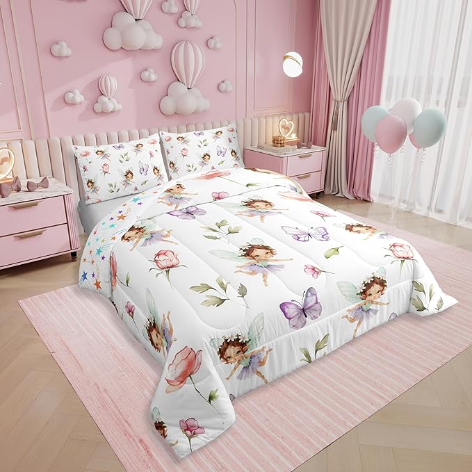 Erosebridal Girls Fairy Full Bedding Set - Purple Butterfly & Floral Comforter Set for Kids, Pink Flower Fairies Garden Quilt | Girly Princess Bedroom Decor with 2 Pillowcases