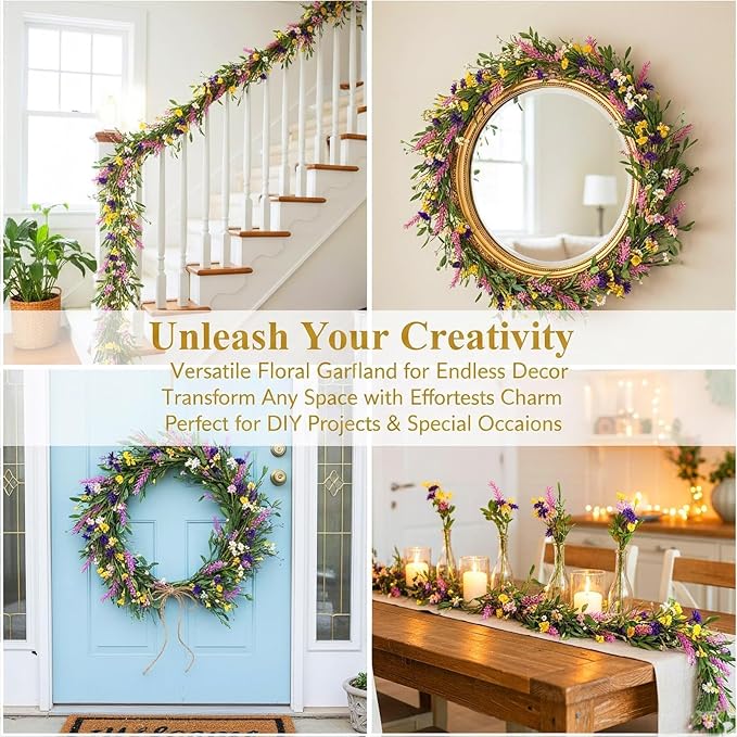 6.5 Ft Spring Summer Garland Artificial Wildflower Lavender Daisy Wisteria Wreath Swags Vine Floral Wreath Garland Fake Flower Greenery Eucalyptus Garland for Wedding Arch Porch Table Farmhouse Decor