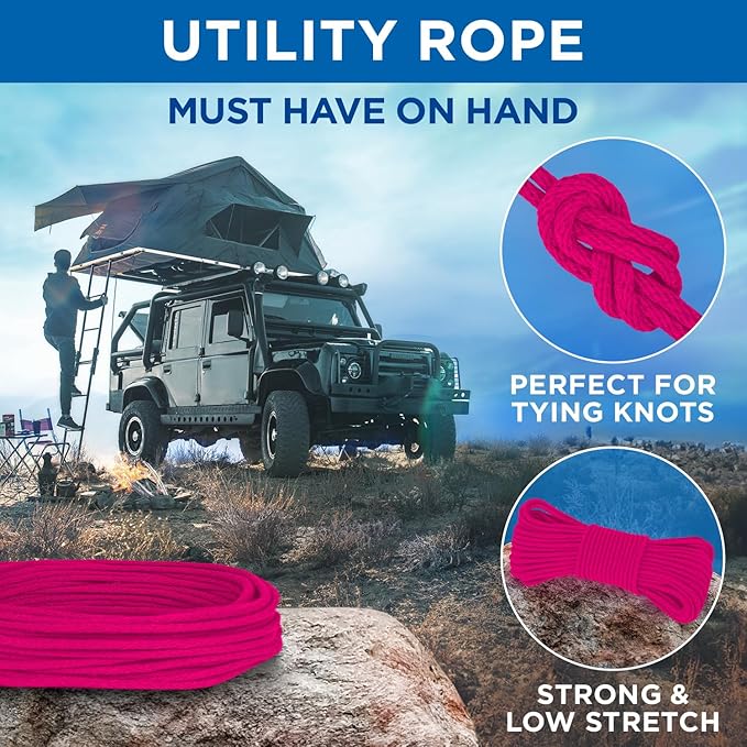 TECEUM Cotton Rope 3/16” (5 mm) – 50 FT – Strong All-Purpose Braided Rope – Natural Cotton – for Crafting, Сamping, Clothes Line, DIY, Indoor & Outdoor Use – Bright Pink