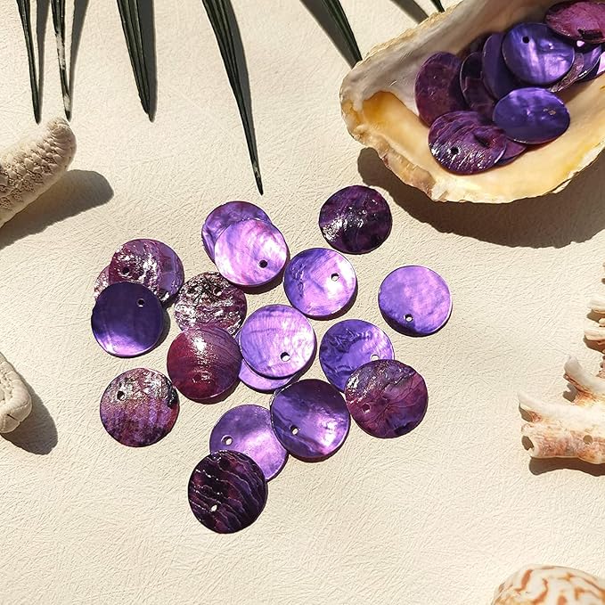 Firstmeet Shell Beads 65pcs Natural 20mm Flat Round Mussel Shell Coin Drop Charm Beads with Iridescent Back for Handcraft Jewelry Making(DIY-1023-Purple-20)