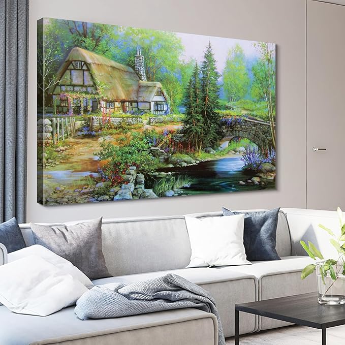 STUDIO HAVEN Thomas Kinkade Canvas Wall Art, Riverside Cottage Stone Bridge Vine-Covered Home Flowing Stream Oil Painting Poster Rustic Wall Decor, Framed Prints for Home Decor, 40x28Inch