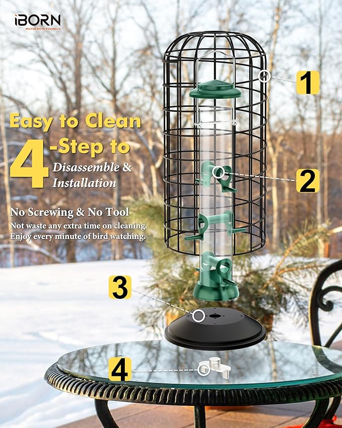 iBorn Bird Feeders Hanging-Squirrel & Pigeon Proof Bird Feeder, Heavy Duty All Metal Green 14 Inch, Outdoor for Mix Seed Blends & Garden
