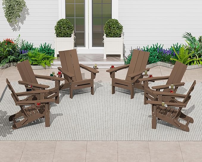 SERWALL Modern Adirondack Chair, Folding Adirondack Chair with Cup Holders, Outdoor HDPE Fire Pit Chair for All Weather Use, Brown