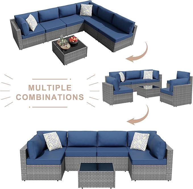 7-Piece Outdoor Patio Furniture Set, Modular PE Rattan Sectional Sofa with Thick Cushions & Glass Coffee Table, Weather-Resistant Wicker Conversation Set for Poolside, Balcony, Garden, Aegean Blue
