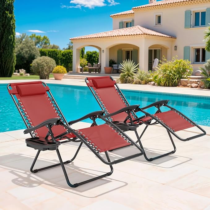 Magshion Zero Gravity Lounge Chairs Set of 2, Outdoor Patio Reclining Chair with Side Tray, Adjustable Anti-Gravity Recliners with Pillow Headrest, Folding Lounger for Lawn Camping Beach, Maroon