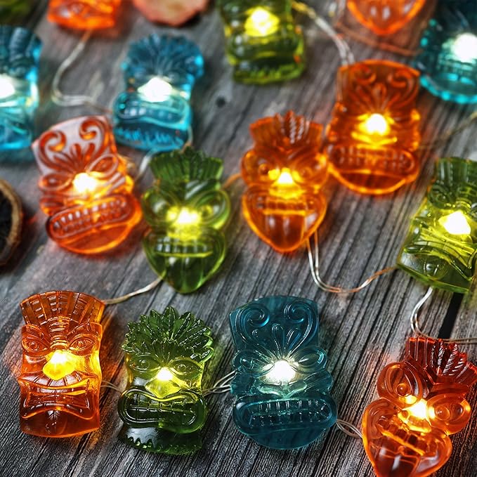 Hawaiian Luau and Summer Party Decorations, 7FT 20PCS Tiki Mask LED String Lights, Waterproof Battery Operated Tropical Fairy Lights for Backyard Porch Patio Pool Garden Bar Festive Lighting
