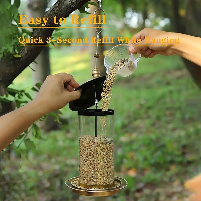 Bird Feeders for Outdoors,Hanging Bird Feeder with Locking Lid, Metal Birdfeeder 11.5 Inch with 17.5cm Weatherproof Large Roof&Tray,3 Feeding Perches,Copper,1 Pack