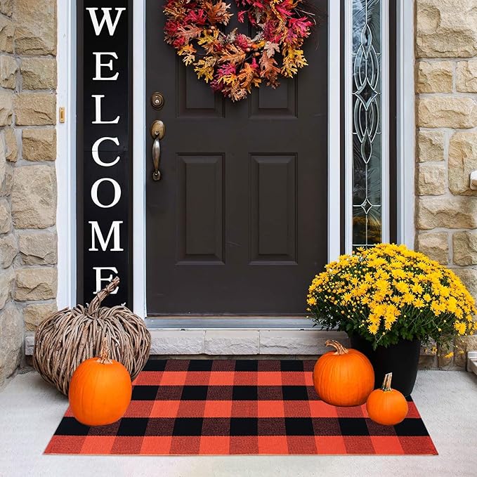 Halloween Door Mat Orange Buffalo Plaid Outdoor Rug Cotton Hand-Woven Buffalo Check Rug Layered Doormats for Front Door/Front Porch/Farmhouse/Entryway/Patio