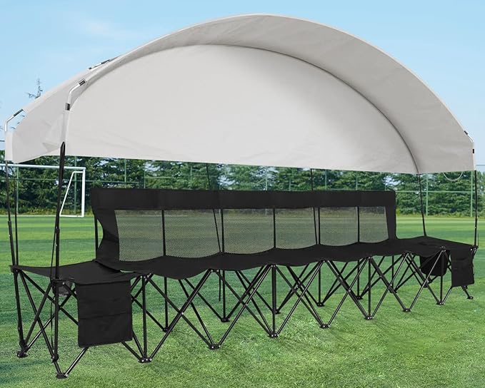 G GOOD GAIN Portable Soccer Bench with Canopy - Team Bench Soccer 6 Seats with Bag, Sideline Folding Bench, Folded Chair Seating 6 for Football Camp Outdoor Sport Events, Team Chairs for Adults, Black